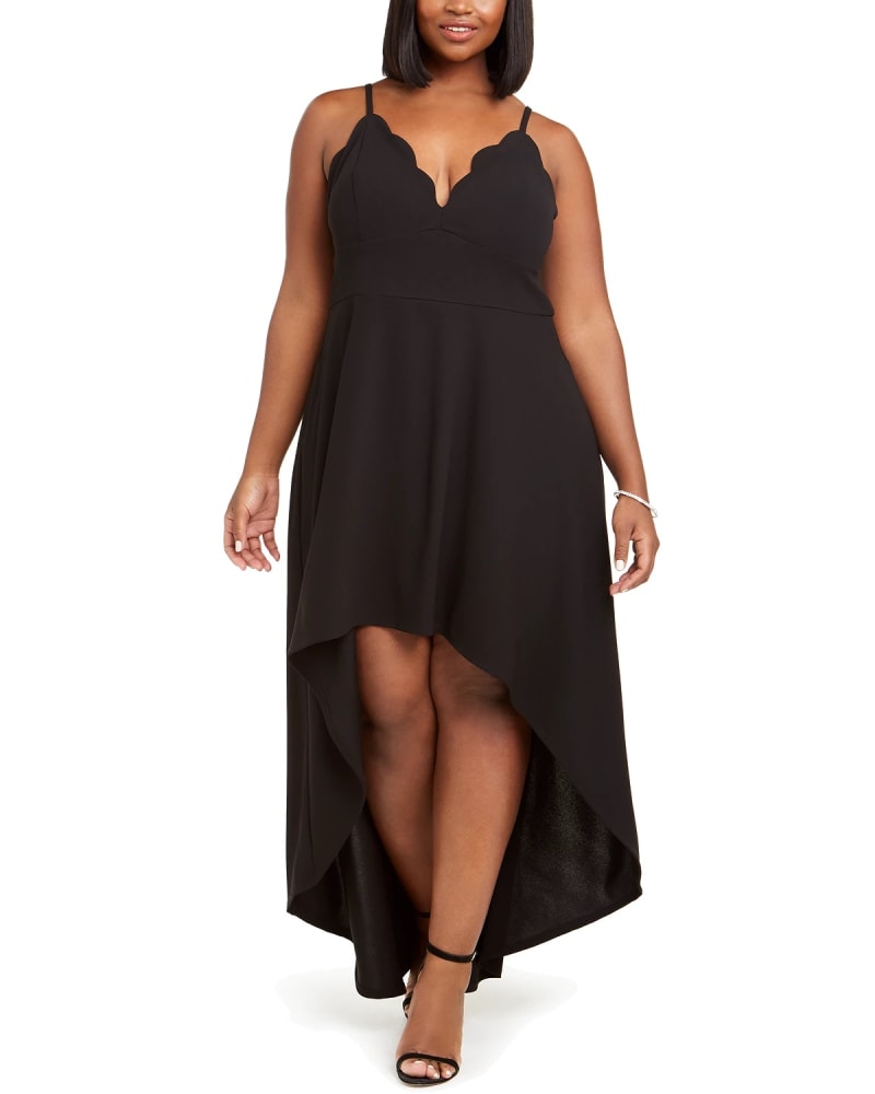 Front of a model wearing a size 2X Speechless Women's Trendy Plus Size Scalloped High-Low Dress Black Size 2X in Black by Speechless. | dia_product_style_image_id:312729